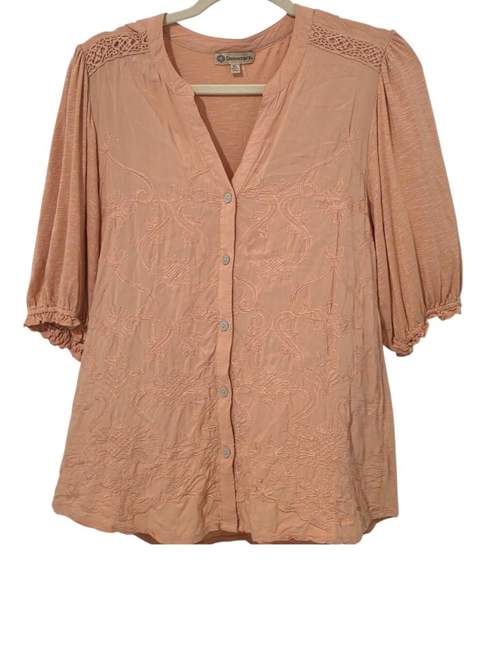 Democracy Peach Embroidered Button-Down Blouse Size XL